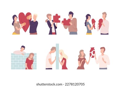 Conjunto de parejas tratando de restaurar el corazón roto. Personajes de hombre y mujer resolviendo problemas para devolver su imagen vectorial plana de amor