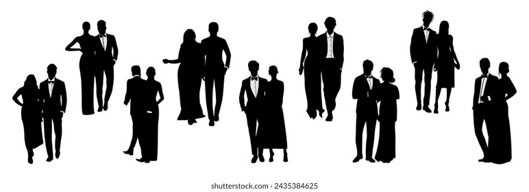 Set of couples wearing evening clothes silhouette.