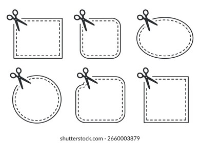 Un conjunto de bordes de Cupón con tijeras que cortan el borde. Ideal para promociones minoristas, ofertas especiales y anuncios de descuentos sobre fondo blanco.
