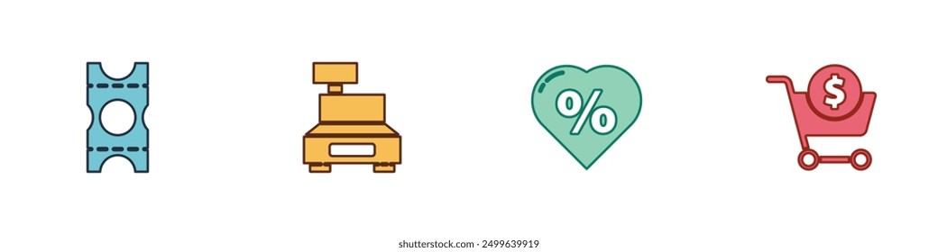 Establecer el Cupón, máquina de caja registradora, descuento por ciento etiqueta corazón y Carrito de compras y dólar icono. Vector