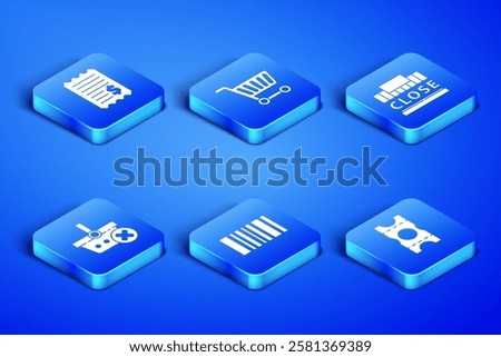 Set Coupon, Paper check and financial check, Barcode, Remove shopping basket, Shopping cart and building text closed icon. Vector