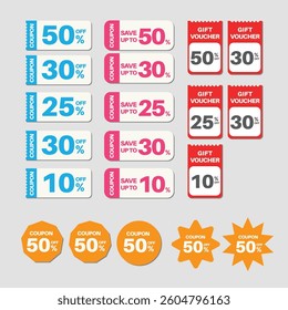 Set of coupon. Promotion and gift voucher design for big sale, special offer, and discount voucher. Vector illustration.set template Percent discount. promotion