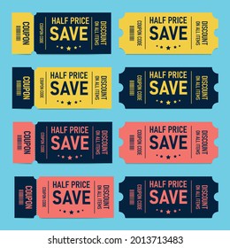 Set of Coupon Promotion Half Price Sale for Website, Internet Ads, Social Media or Coupon. Half Price Sale Coupon Discount. Vector Coupon Discount