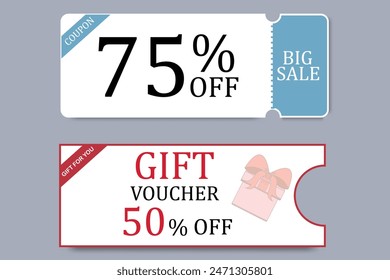 Set of coupon templates. Big sale vector gift voucher element template. Business voucher promo code. Shopping, marketing, food and drink.