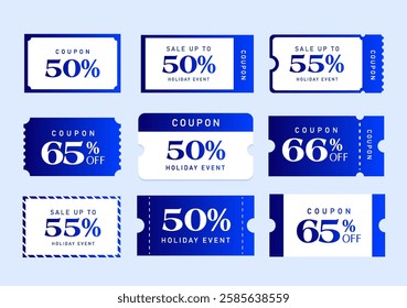 Set of coupon templates in blue and white color with coupon code, percent sale off, isolated on white background. Gift voucher icon set in flat style vector.