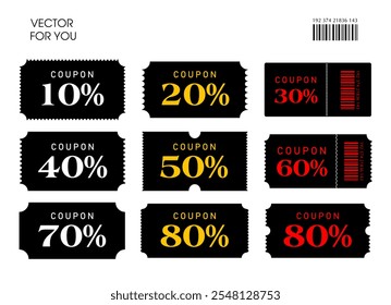 Set of coupon templates with coupon code, barcode, percent sale off, isolated on white background. Gift voucher icon set in flat style vector.