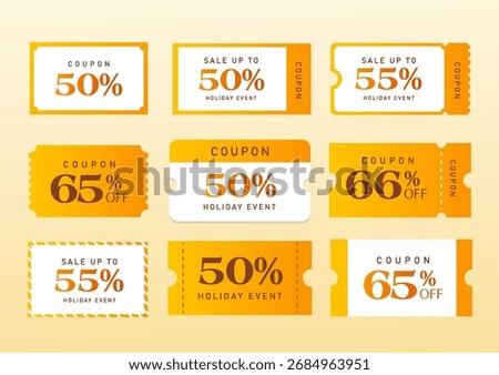Set of coupon templates in orange and white color with coupon code, percent sale off, isolated on yellow background. Gift voucher icon set in flat style vector.