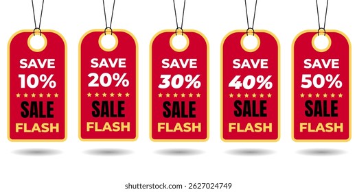 Set of coupon templates, Tickets, Gifts, for discount, color red, yellow, 10, 20, 30, 40, 50 SALE FLASH Vector Stars