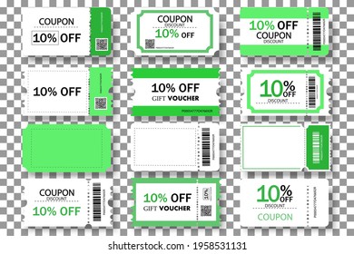 Set of coupon ,ticket card,gift vouchers.Coupon Card element template for graphics design.Gift vouchers or certificates of promotion sale 10 percent discount.Vector templates on transparent background