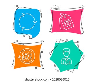 Set of Coupons, Cashback and Recycling icons. Businessman sign. Shopping tags, Refund commission, Reduce waste. User data.  Flat geometric colored tags. Vivid banners. Trendy graphic design. Vector