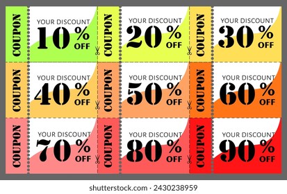 A set of coupons with different discounts. ready for printing or posting on a website. voucher, discount, ticket, sale, card, 50 percen