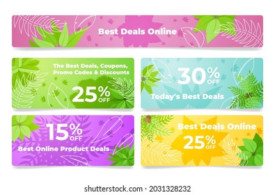 Set of coupons, promo codes and discounts for best deals online vector flat illustration. Collection of horizontal sale advertising flyers for online retail ecommerce. Ads with tropical exotic plants