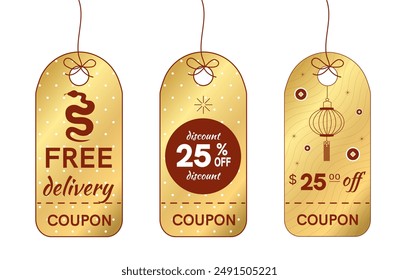 Set of coupons promotion Happy Chinese new year set coupons discount gift voucher coupon book. Delivery coupon. Vector discount banner card. Fixed money off