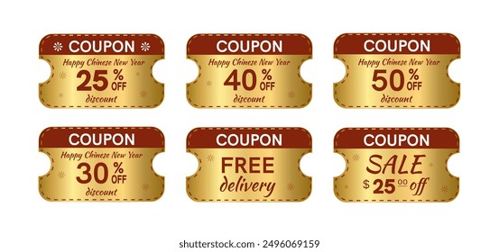 Conjunto de Cupones de promoción Feliz año nuevo chino. Cupón conjunto Cupones descuento regalo voucher libro. Cupón de entrega. Arreglado el dinero. Tarjeta de Anuncio de descuento de Vector