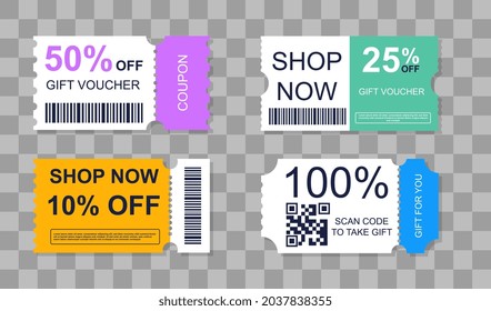 Set of coupons with promotions and discounts. Collection of tickets with barcodes and inscriptions. Design elements for stores, websites. Cartoon flat vector illustrations on transparent background