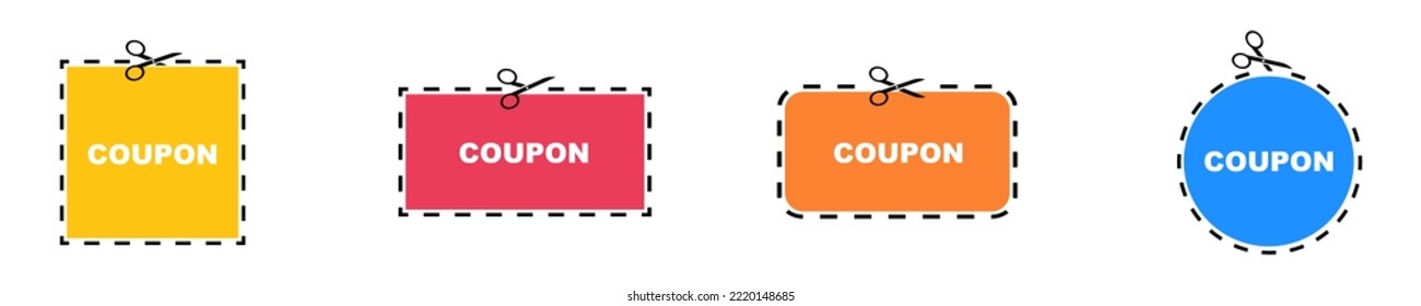 Set of coupons with scissors. Cut with scissors discount or promo voucher. Blank colored coupon. Save money.