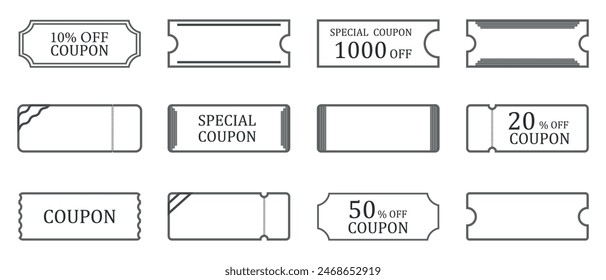 Set of coupons, tickets, gift coupon, discount coupon, saving coupon in linear style. Coupon card element vector template for graphic design. Coupons for promotional sales with various discounts.