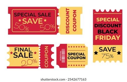 Set of coupons, tickets, gifts, discount coupons, color red, black, 50,20,75, percent. Coupon card element vector template for graphic design. Illustration