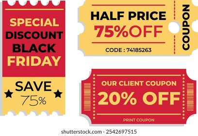 Set of coupons, tickets, gifts, discount coupons, color red, black, 20%, 75%, percent. Coupon card element vector template for graphic design. Illustration