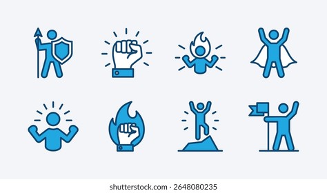Set of courage icon vector. Contains power, bravery, passion, spirit, super, strength, strong, confidence, powerful, motivation, leadership, successful business achievement goal. Illustration