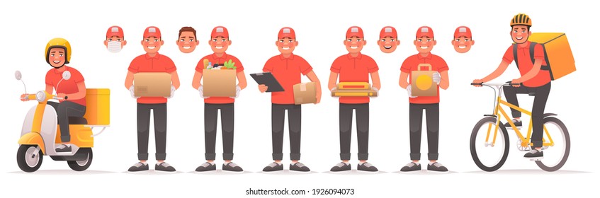 Set of courier character set for mobile application. Food and goods delivery service. The deliveryman rides a scooter and a bicycle and stands with a package or box. Vector illustration in cartoon 