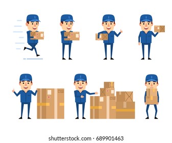 Set of courier characters in blue uniform posing with various parcel boxes. Cheerful carrier holding cardboard, running and showing other actions. Simple vector illustration