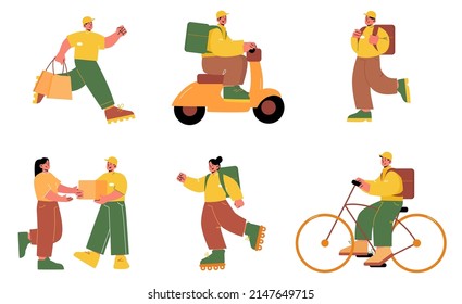 Set of courier characters deliver parcels on bicycle, by feet and scooter. Shipping service worker with food, carton box order transportation to customer, Cartoon line art flat vector illustration