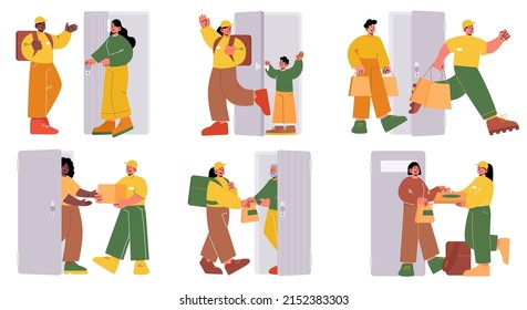 Set of courier characters deliver parcels to clients door. Shipping service worker with grocery, food, carton box, pizza or paper bags bringing order to customers home, Linear flat vector illustration