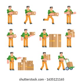 Set of courier characters posing with parcel box. Carrier holding delivery box, running, walking and showing other actions. Flat design vector illustration