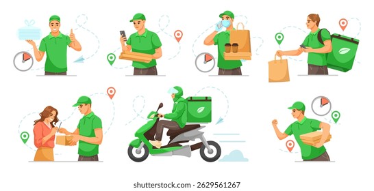 Set of courier delivery workers performing tasks like delivering packages, riding scooters, and interacting with customers, on white background. Concept of fast delivery and logistics. Vector