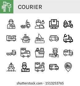 Juego de iconos de mensajería como Paperboy, Delivery man, Coche, Entrega, Rastreo, Entrega, Barco, Van, Envío, Postwoman , mensajero