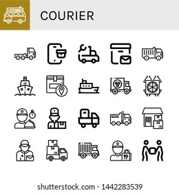 Set of courier icons such as Van, Truck, Tracking, Postal delivery, Ship, Pizza deliver, Delivery man, Delivery truck, Postman, guy , courier