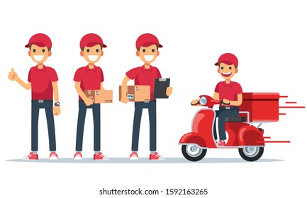 Set of courier man. service delivery concept. Vector illustration in a flat style.