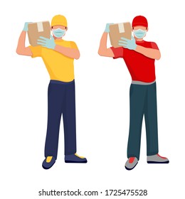 Set of courier in protective mask and box delivers orders. Safe delivery concept in flat style. Delivery home and office. City logistics. Vector illustration. Protect from covid-19 or coronavirus.