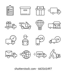 Set of courier Related Vector Line Icons. Includes such Icons as shipping, transport, transportation, consignment, parcel, packaging