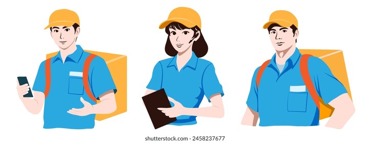 Set of couriers and call center operators, men and women, wearing blue shirts and orange caps, holding tablet in their hands or a backpack on their back. Flat design illustration.