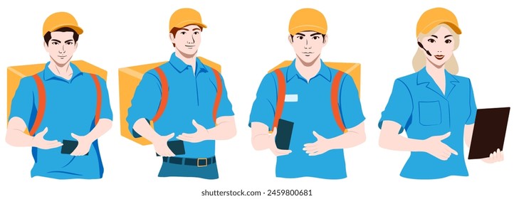 Set of couriers and call center operators, men and women, wearing blue shirts and orange caps, holding tablet in their hands or a backpack on their back. Flat design illustration.