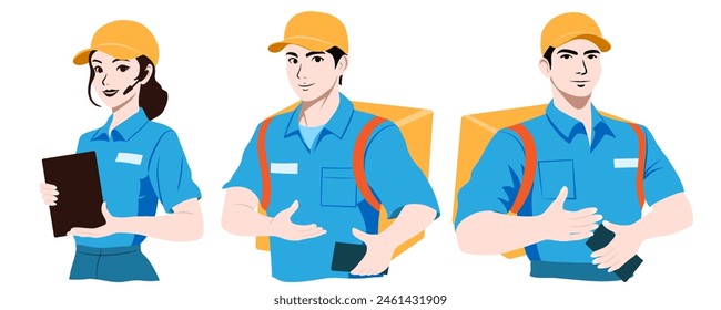 Kurierdienst und Callcenter-Betreiber, Männer und Frauen, mit blauen Hemden und orangefarbenen Kappen, mit einem Tablet in der Hand oder einem Rucksack auf dem Rücken. Flache Designdarstellung.
