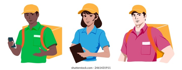 Conjunto de mensajeros y operadores de call center, hombres y mujeres, con camisas y gorras de colores, con tableta en las manos o una mochila en la espalda. Ilustración de diseño plano.