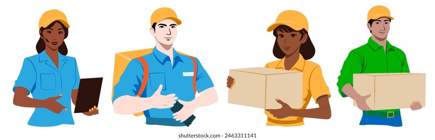 Set of couriers and call center operators, men and women, wearing colored shirts and caps, with tablet and cardboard boxes in their hands or a backpack on their back. Flat design illustration.