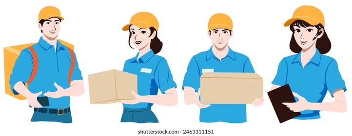Set of couriers and call center operators, men and women, wearing blue shirts and orange caps, with tablet and cardboard boxes in their hands or a backpack on their back. Flat design illustration.
