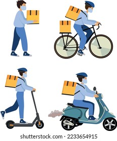 Conjunto de mensajeros. Courier en motocicleta eléctrica, bicicleta, ciclomotor, entrega en línea, seguimiento de pedidos en línea, entrega en casa y oficina. Entrega rápida