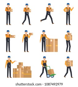Set of couriers in dark overalls posing with various parcel boxes. Cheerful delivery service worker holding package, running and showing other actions. Flat design vector illustration