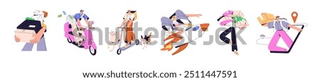 Set of couriers delivers parcels, orders. Deliveryman carries boxes by scooter. Mailman delivery letters by moped. Logistic service concept. Flat isolated vector illustrations on white background
