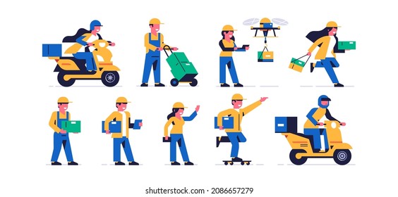Set of couriers delivery of parcels. Delivery of orders. Men and women in courier uniform. Woman on a motorcycle, drone, boxes, parcel, skateboard. Happy people at work. Flat vector illustration