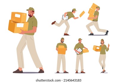 Set of Couriers Male and Female Characters Wear Uniform Carry Carton Boxes. Delivery Men and Women with Invoice and Parcel Hurry to Client, Express Delivery Service. Cartoon People Vector Illustration