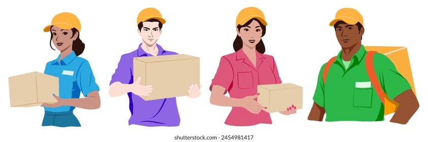 Set of couriers, men and women, wearing colored shirts and orange caps, holding cardboard boxes in their hands or a backpack on their back. Flat design illustration.