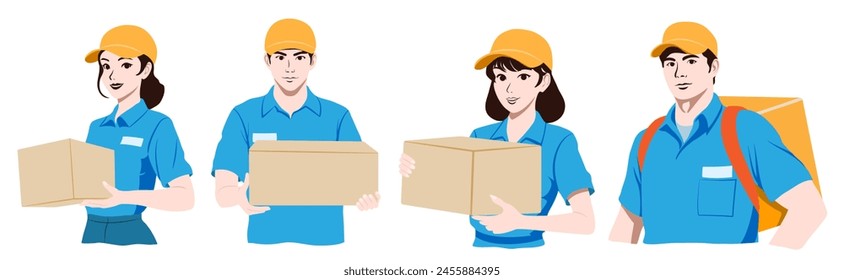 Set of couriers, men and women, wearing blue shirts and orange caps, holding cardboard boxes in their hands or a backpack on their back. Flat design illustration.