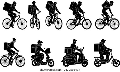 set of couriers on bicycle and moped silhouette vector