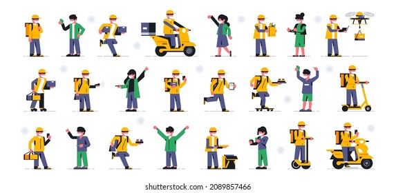 Set of couriers online home delivery service in different poses and people. Safe delivery of food and parcels, people in medical masks, distance, coronavirus. Takeaway food. Vector illustration